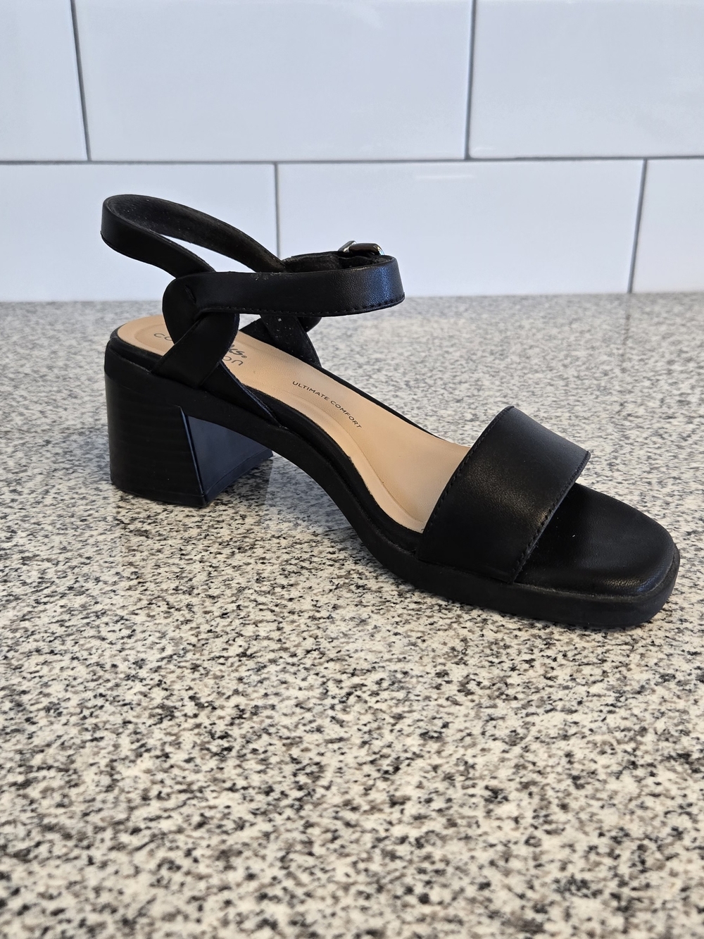 Clarks Black Leather Block Heel Sandal